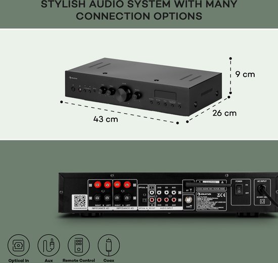 Auna Versterker, HiFi stereo mini-versterker, HiFi-versterker met bas- & treble-regelaar, 2-kanaals audioversterker, Stereo-versterker met afstandsbediening & DAB-radio, AV-receiver — afbeelding 2