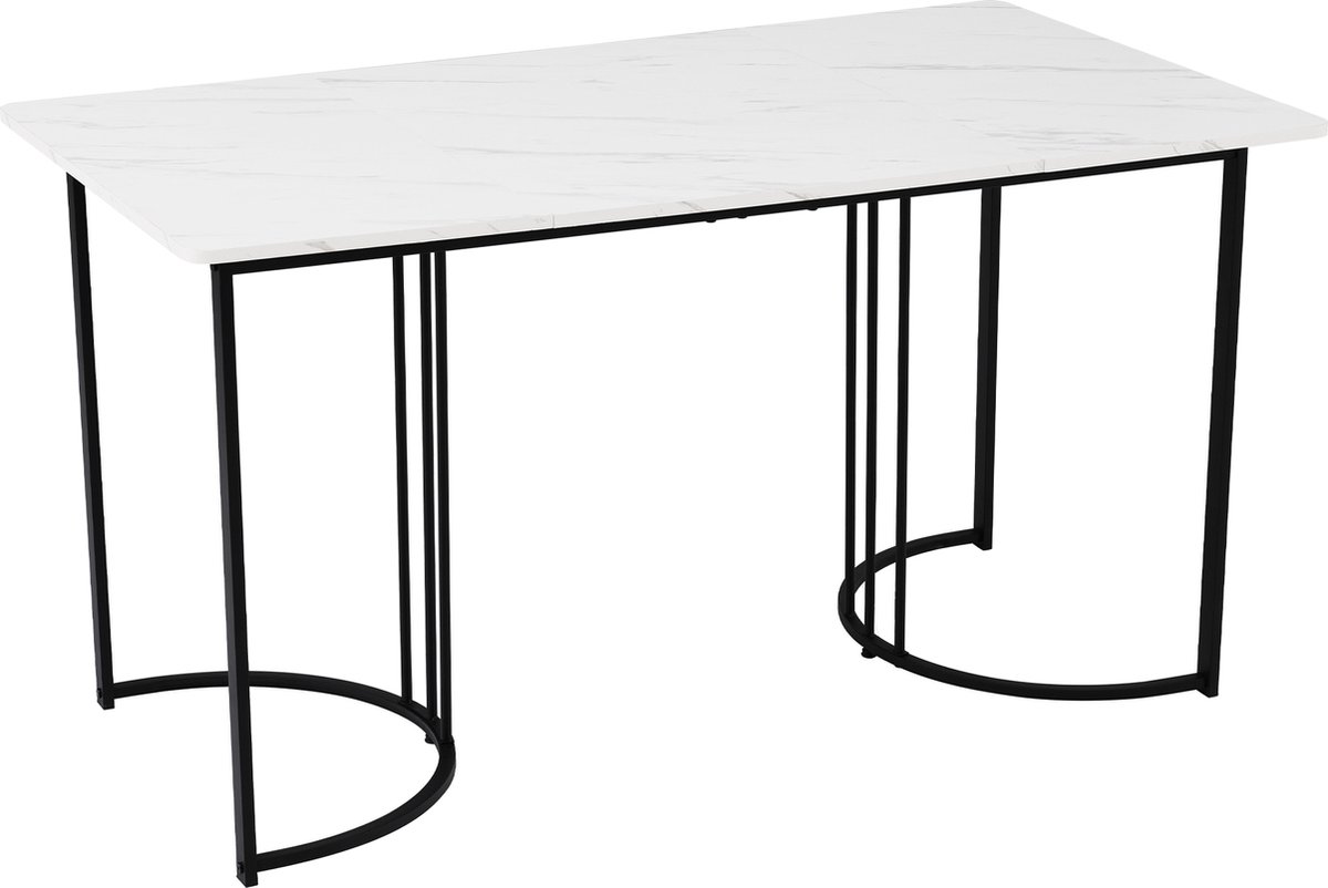Merax Eettafel 140x80 cm – Rechthoekige Keukentafel met Wit Marmerlook Tafelblad – Tafel met Zwarte Verstelbare Metalen Poten