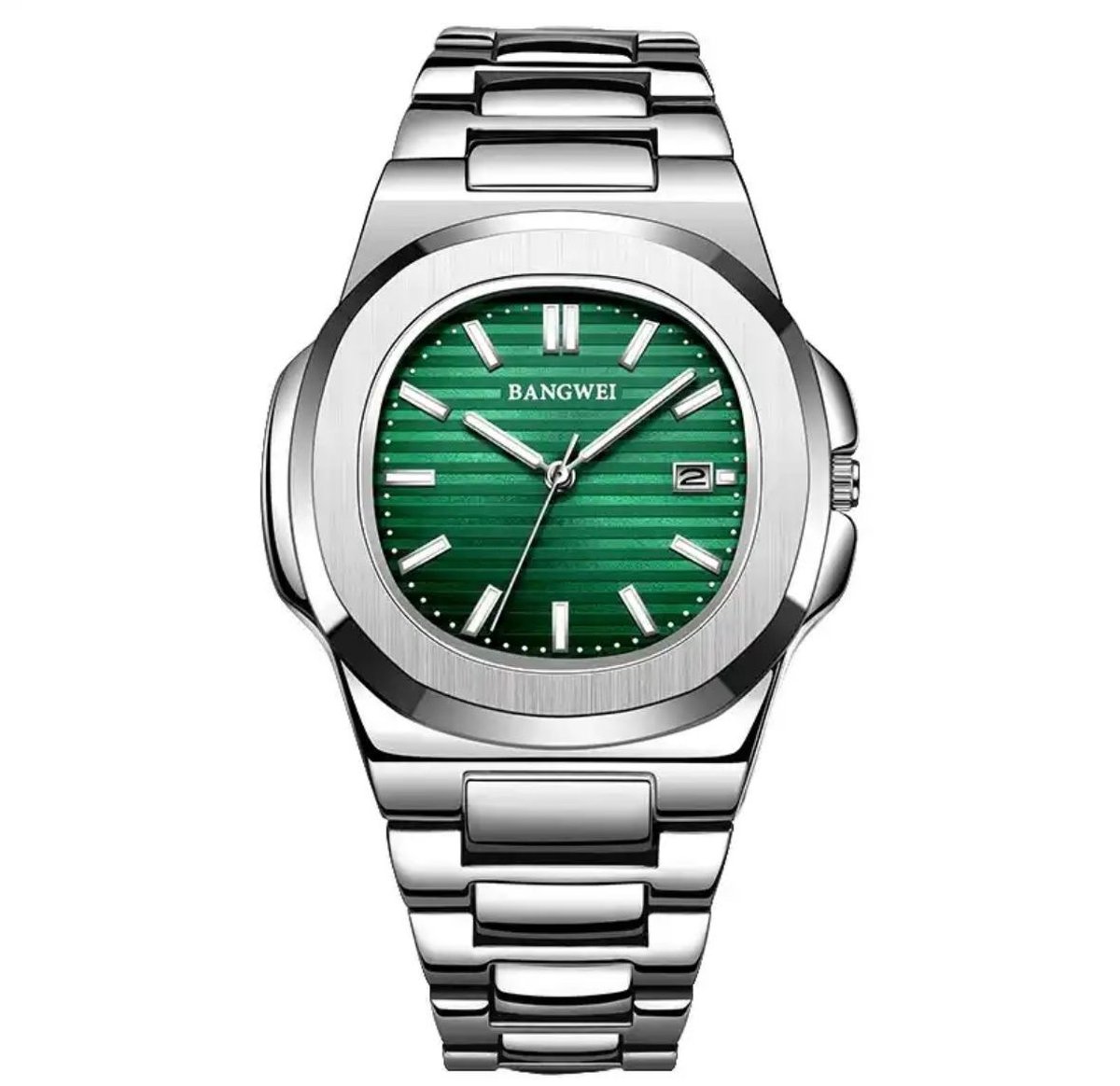 Luxe Herenhorloge - Mannen - Zilveren Polsband - Zilver en Groen - Luxe Doos -