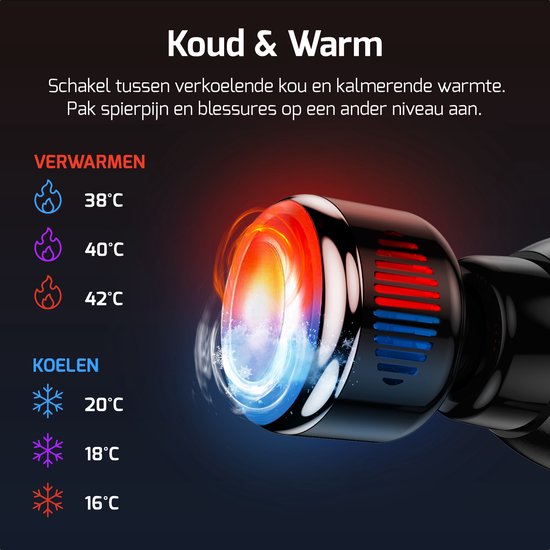 Massagepistoolkop met warmte- en koelfunctie, variërend van 16°C tot 42°C.