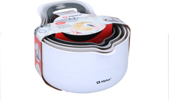 Alpina Set 4x Mengkom/ Beslagkom - met Handvat - 1,2-1,65-2,4-3 Liter - Antislip - Wit en Grijs