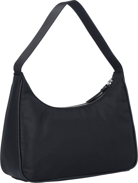 Zwarte DKNY schoudertas met zilverkleurig ritsdetail en een enkele band.