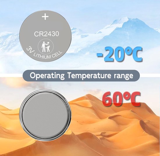 CR2430 3V lithium cel batterij. Werktemperatuur van -20°C in besneeuwde bergen tot 60°C in de woestijn.