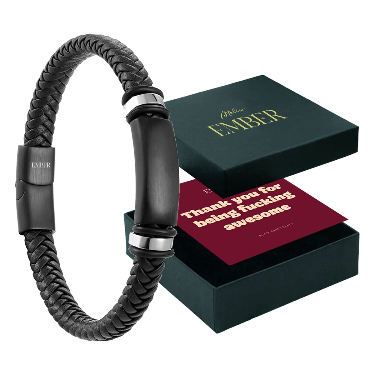 Atelier EMBER - Cadeau voor Man Verjaardag - Handgemaakte Leren Armband Heren - Awesome - Zwart RVS - 20CM + 1,5CM - Luxe Sieradendoos - Cadeau Pakket Papa, Vriend, Vader, Opa - Geschenkset - Cadeautjes voor Hem Volwassenen