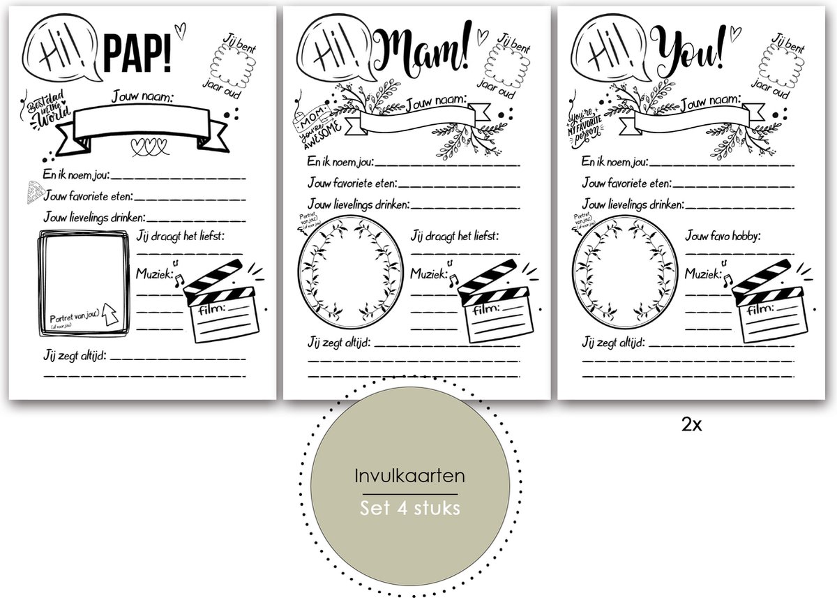 set van 4 grote invulkaarten voor Vader, Moeder en Vrienden - Vaderdagcadeau - Moederdagcadeau - Cadeau - invulkaarten - Vaderdag - Moederdag - Vader - Moeder - Beste vrienden - cadeau vriendin - cadeau vriend