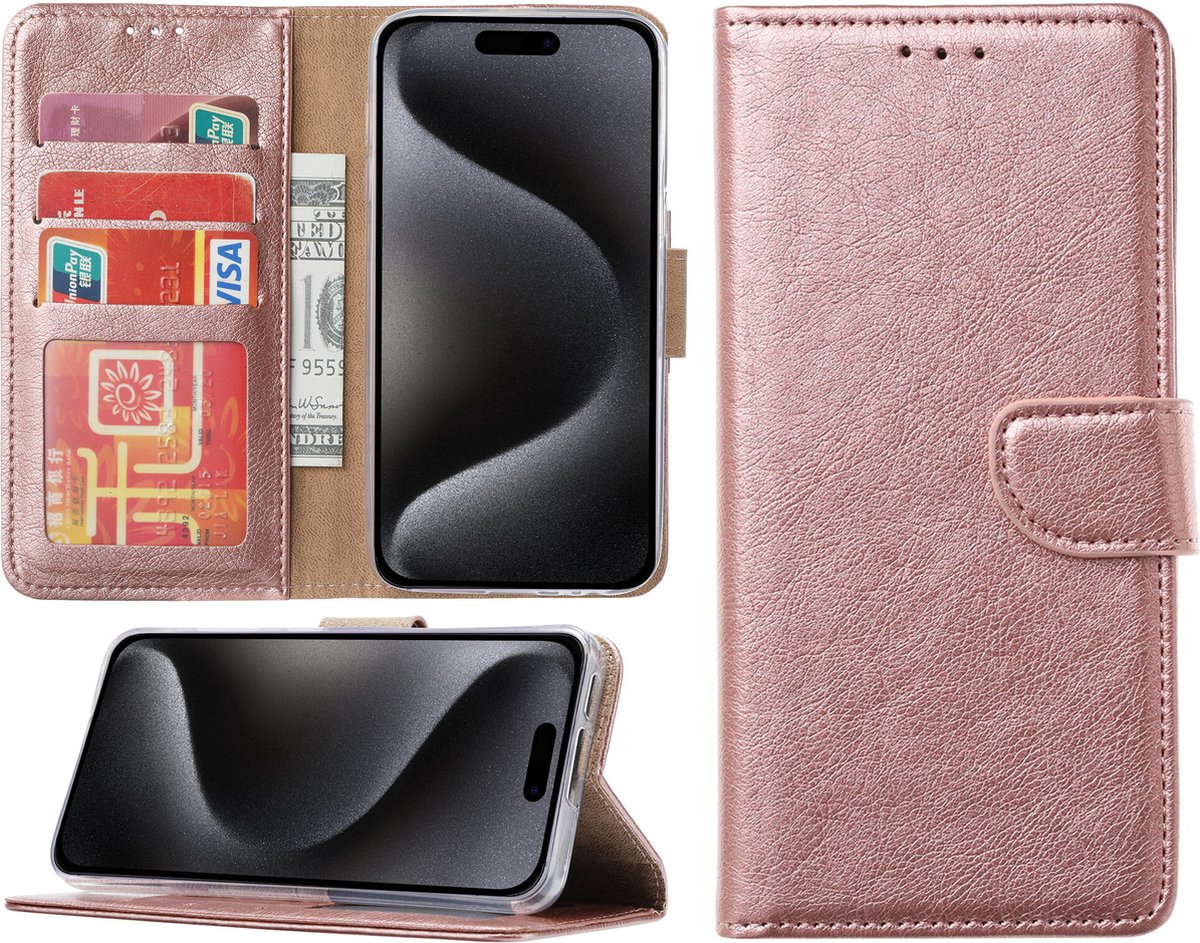 Hoesje geschikt voor iPhone 15 Pro - Bookcase - Pasjeshouder - Kunstleer - Roségoud