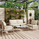 Tuinloungeset - Tuinmeubelset met Gegalvaniseerd Stalen Frame - (4-delige Eettafel Set, 1-Zitsbank, 2-Stoelen, 1-Tafel) - Glazen Tafelblad - PE Rotan - Beige - Inclusief Kussens