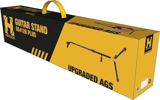 Verpakking van de Hercules GS412BPlus gitaarstandaard met 'UPGRADED AGS' opdruk.