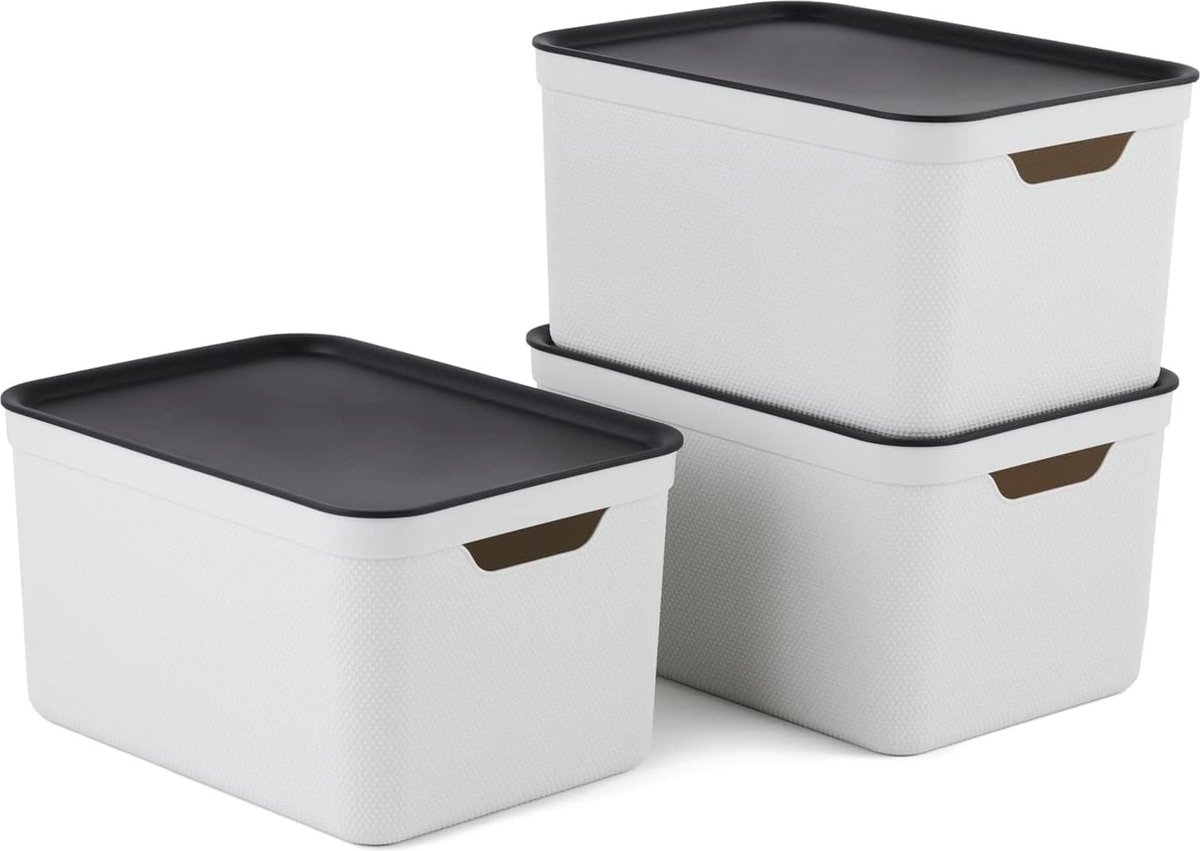 Rotho Jive opbergboxen set van 3 Opbergdozen 16 L met Deksel, Kunststof (PP Gerecycled), Wit/Antraciet, 3 x 16 L (37,5 x 27,8 x 29,8 cm)