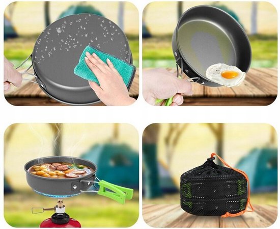 Collage van het gebruik van een kampeerservies set: schoonmaken, bakken, koken en opbergen.