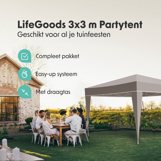 LifeGoods partytent met tuinfeest setting. Met teksten 'Compleet pakket', 'Easy-up systeem', 'Met draagtas'.