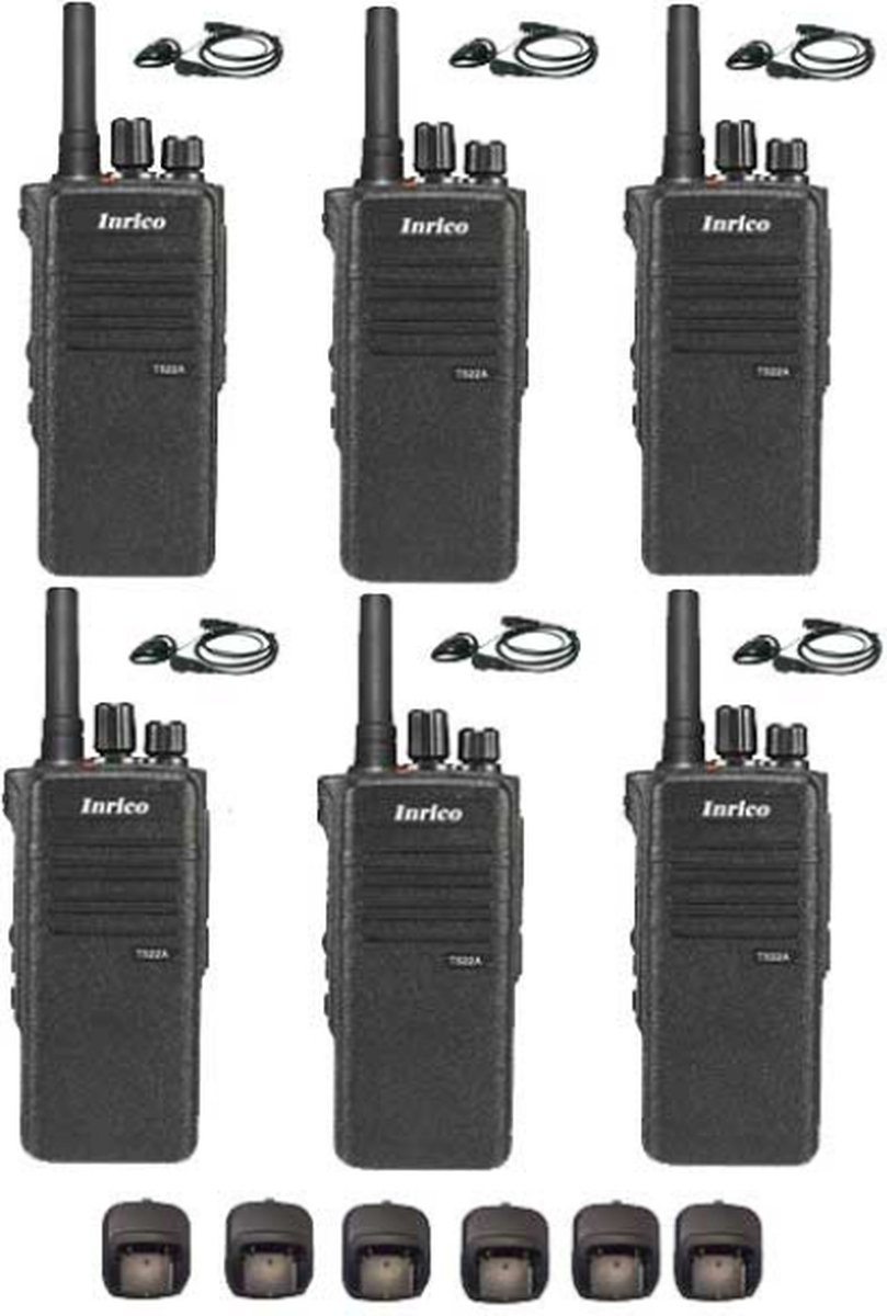 Set van 6 Inrico T522A IP66 4G LTE POC Zello Portofoon K1 2-Pins met D-shape oortje