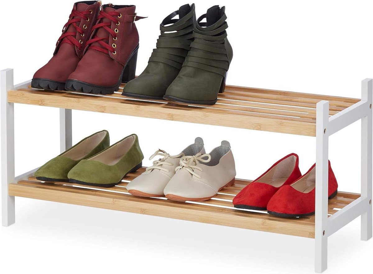 Schoenenrek met 2 etages van bamboe en berkenhout opbergrek voor tot 6 paar schoenen natuur en wit afmetingen HxBxD 33 x 70 x 26 cm