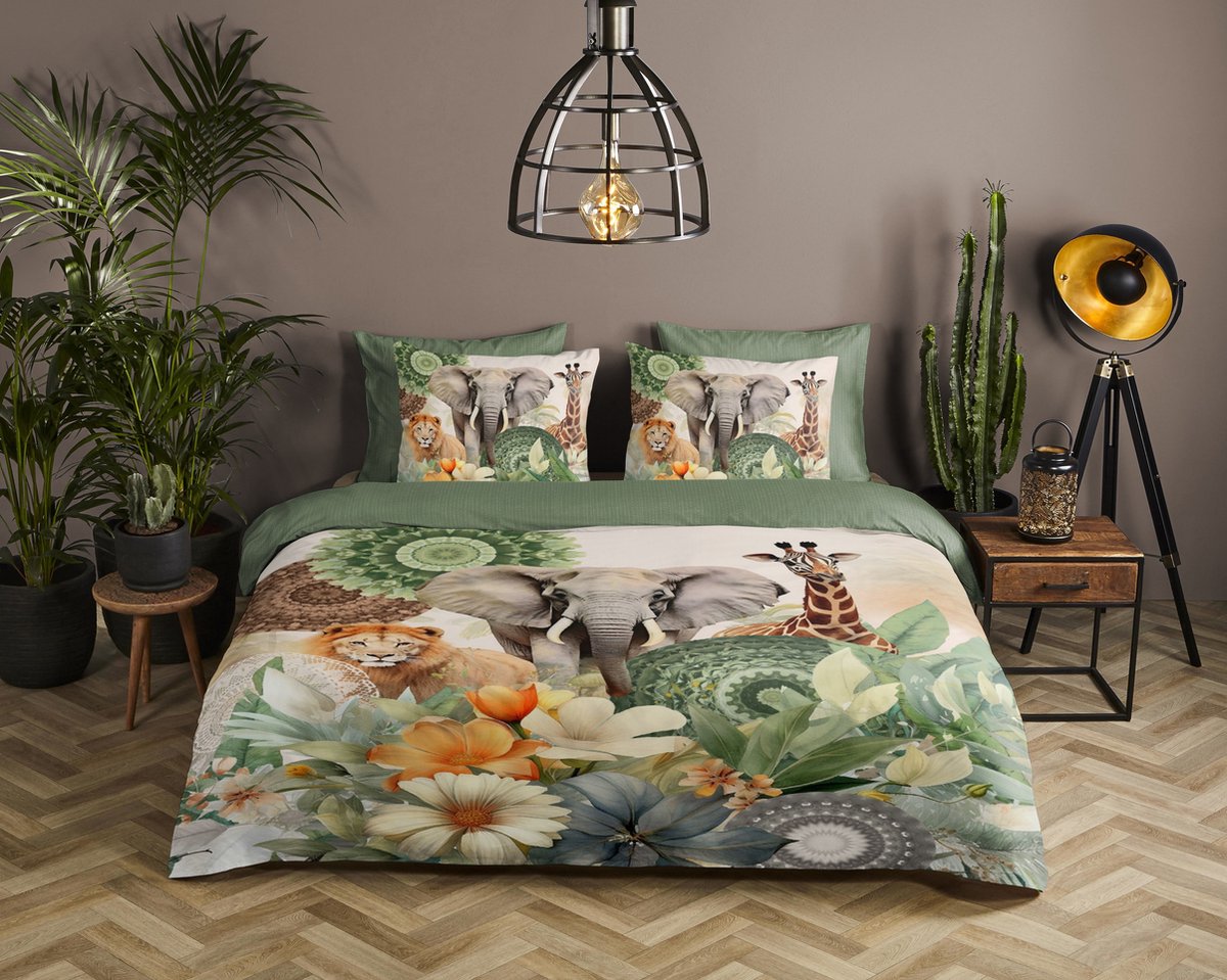 HIP dekbedovertrek mandalas, bloemen & safari dieren - 2 persoons 200x200/220 cm - Groen - 100% Katoen satijn