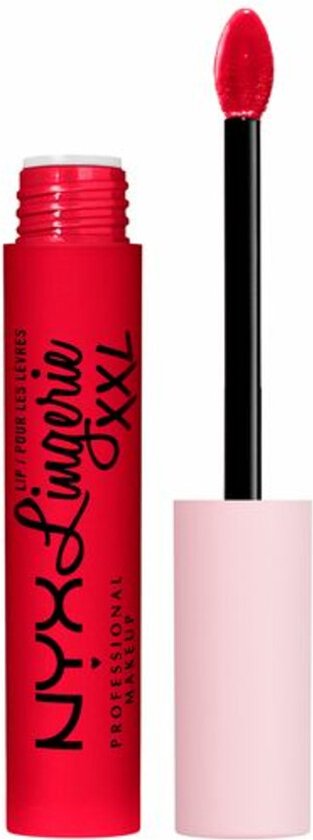 Een rode NYX Lip Lingerie XXL lipstick met lichtroze dop en applicator.
