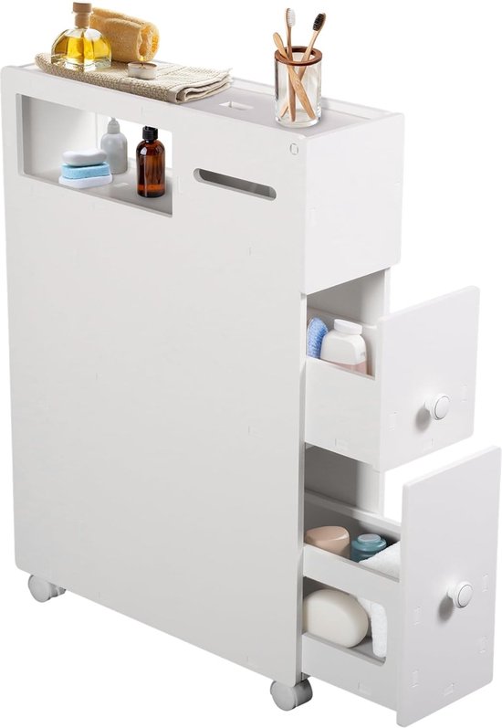 Badkamerkast Op De Vloer - 2 Lades - 89 Cm Hoog - Witte Opbergkast Voor Hoek Of Kleine Ruimte Multifunctioneel Rek