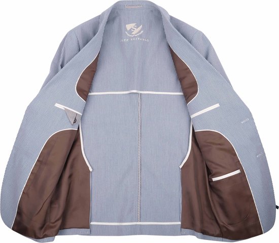 Binnenkant van blauw-wit gestreept colbert met bruine voering.