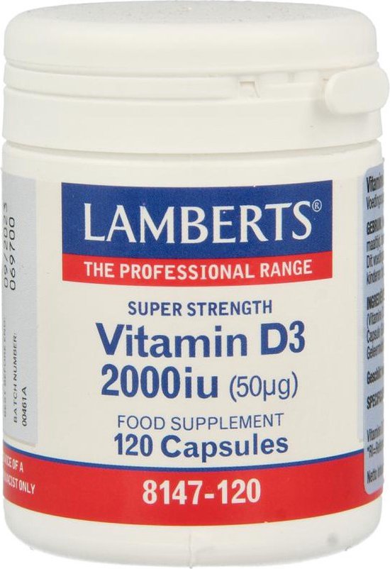 Witte pot Lamberts Vitamine D3 2000iu (50µg) 120 capsules. Rode en blauwe labels.