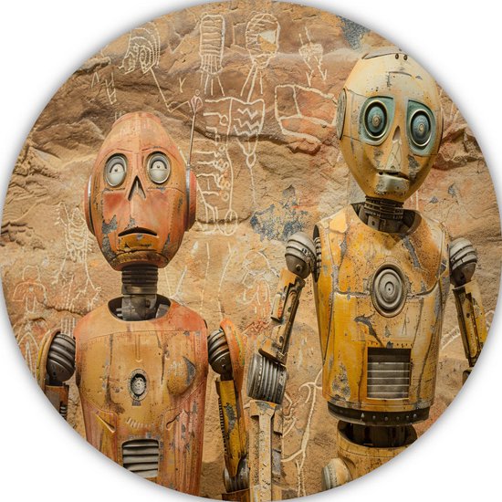 Robots schilderij rond - Technologie schilderij rond - Wandbord rotstekeningen - Wanddecoratie kinderkamer - Aluminium - Kunst muurcirkel aluminium 80x80 cm