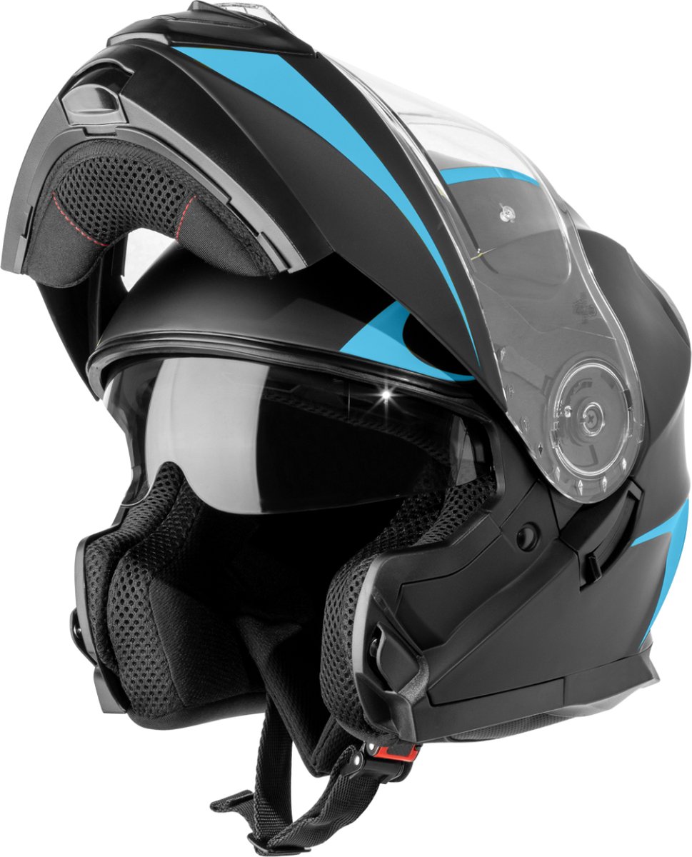 VINZ Busan Systeemhelm met Zonnevizier | Scooterhelm & Motorhelm & Brommerhelm | ECE 22.06 goedgekeurd | Lichtgewicht 1600 gram | Inclusief Opbergzak | Blauw - XS