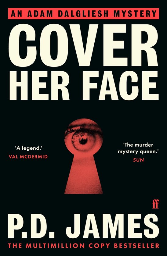 Boekomslag van 'Cover Her Face' met een oog in een sleutelgat. Een Adam Dalgliesh mystery van P.D. James.