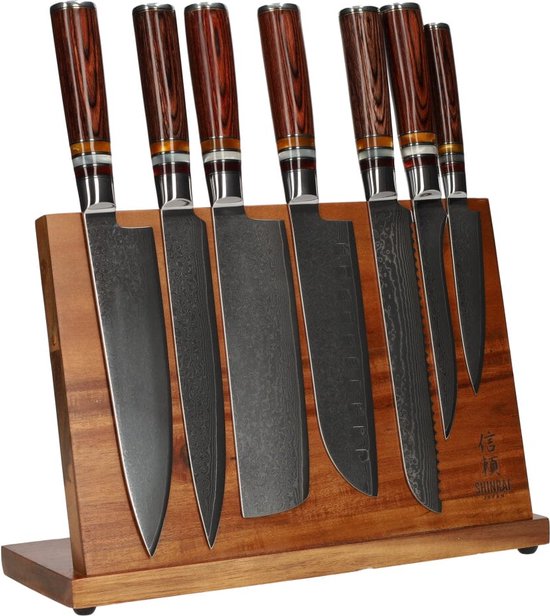 Shinrai Knives Messenset met Blok - 7 delig - 67 lagen Hoogwaardig VG-10 Damaststaal Messen met Magnetisch Messenblok - Micarta Jewels - Met Luxe Geschenkdoos