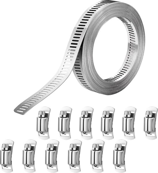 thumbnail: Oneroomone Roestvrijstalen Slangklemmen Set - 304 RVS, 5 Meter Band, 12 Klemmen