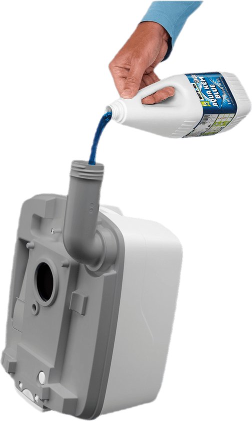 Hand die Thetford Aqua Kem Blue vloeistof in een chemisch toilet giet.