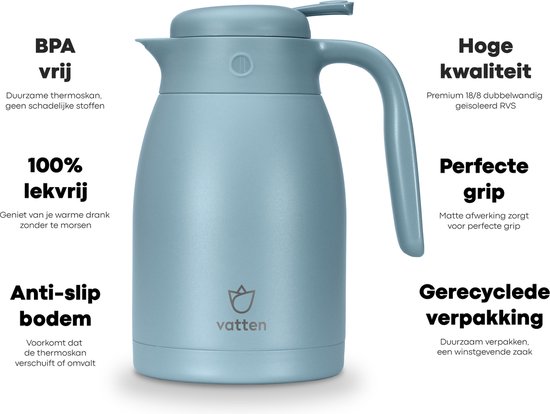 Thermos Vatten® Premium en Inox - Bleu Clair - 1,5 Litre - Avec Bouton Poussoir - Pichet Isotherme