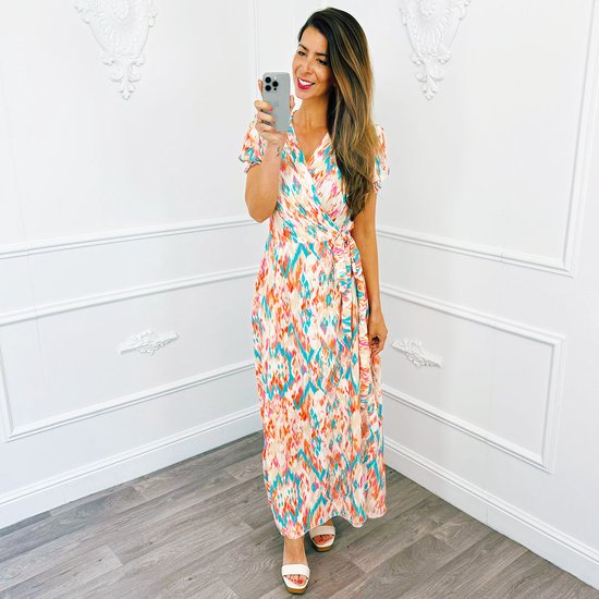 Print Wikkel Jurk Lang Beige bol