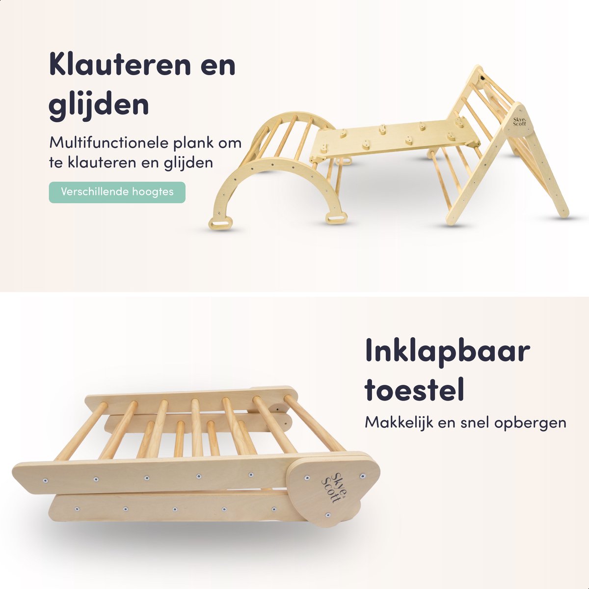 Skye & Scott Houten Klimrek - Pikler met Klimboog - Klimdriehoek met Glijbaan - Berkenhout — afbeelding 7