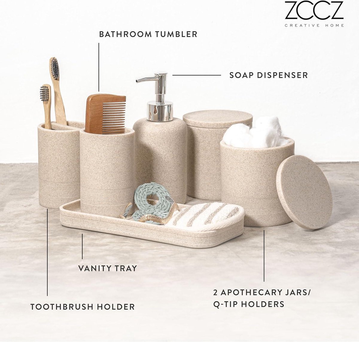 7-delige houten badkameraccessoireset met tandenborstelhouder, beker zeepdispenser, zeepbakje, toiletborstelhouder en prullenbak, grijs, ideaal voor thuis of hotelgebruik 7-delige houten badkameraccessoireset met tandenborstelhouder, beker zeepdispenser, zeepbakje, toiletborstelhouder en prullenbak, grijs, ideaal voor thuis of hotelgebruik