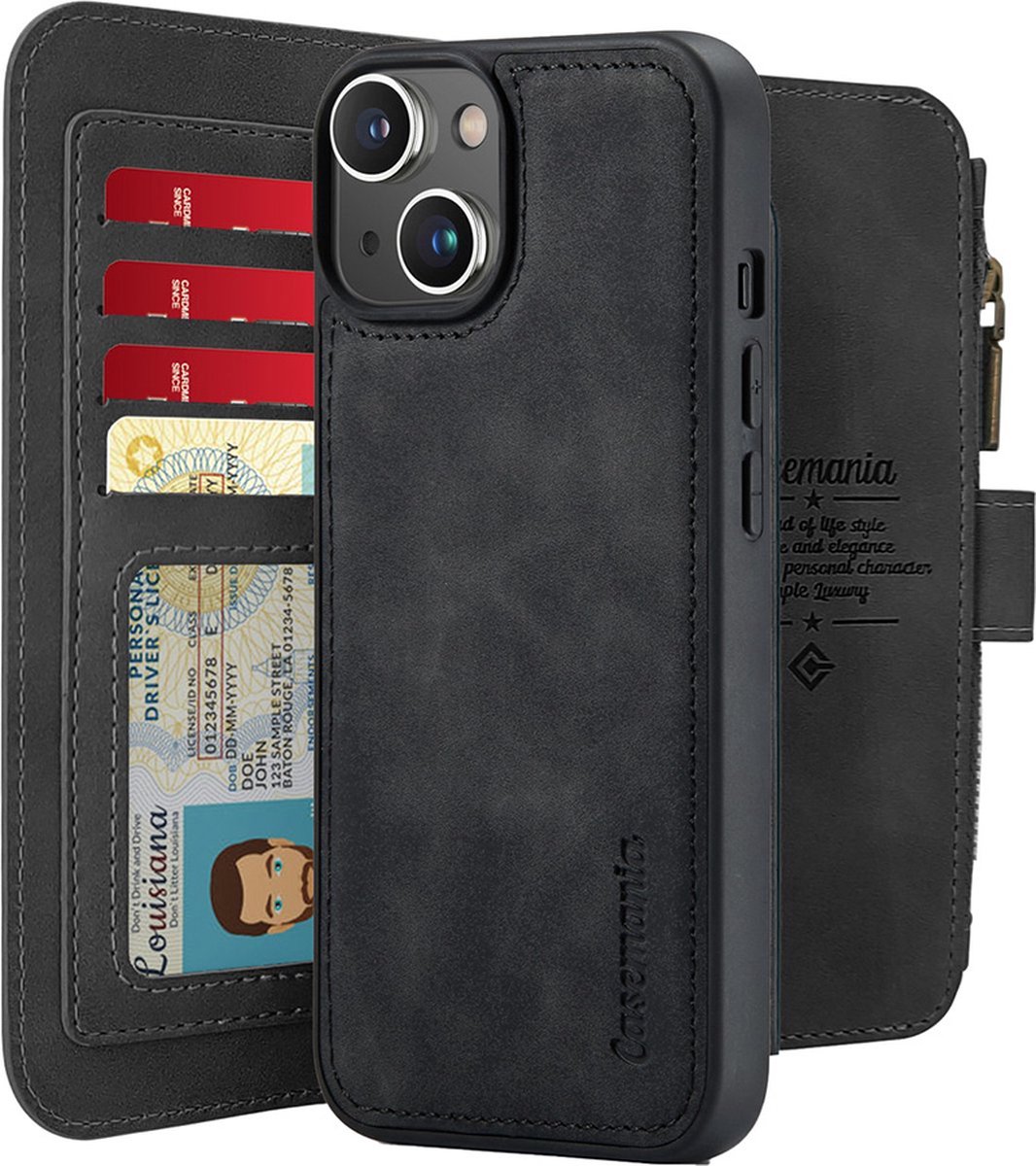 CaseMania Bookcase hoesje geschikt voor iPhone 15 Plus - Effen Zwart - Kunstleer - Portemonnee met 14 Vakjes voor Pasjes en Ritsvak