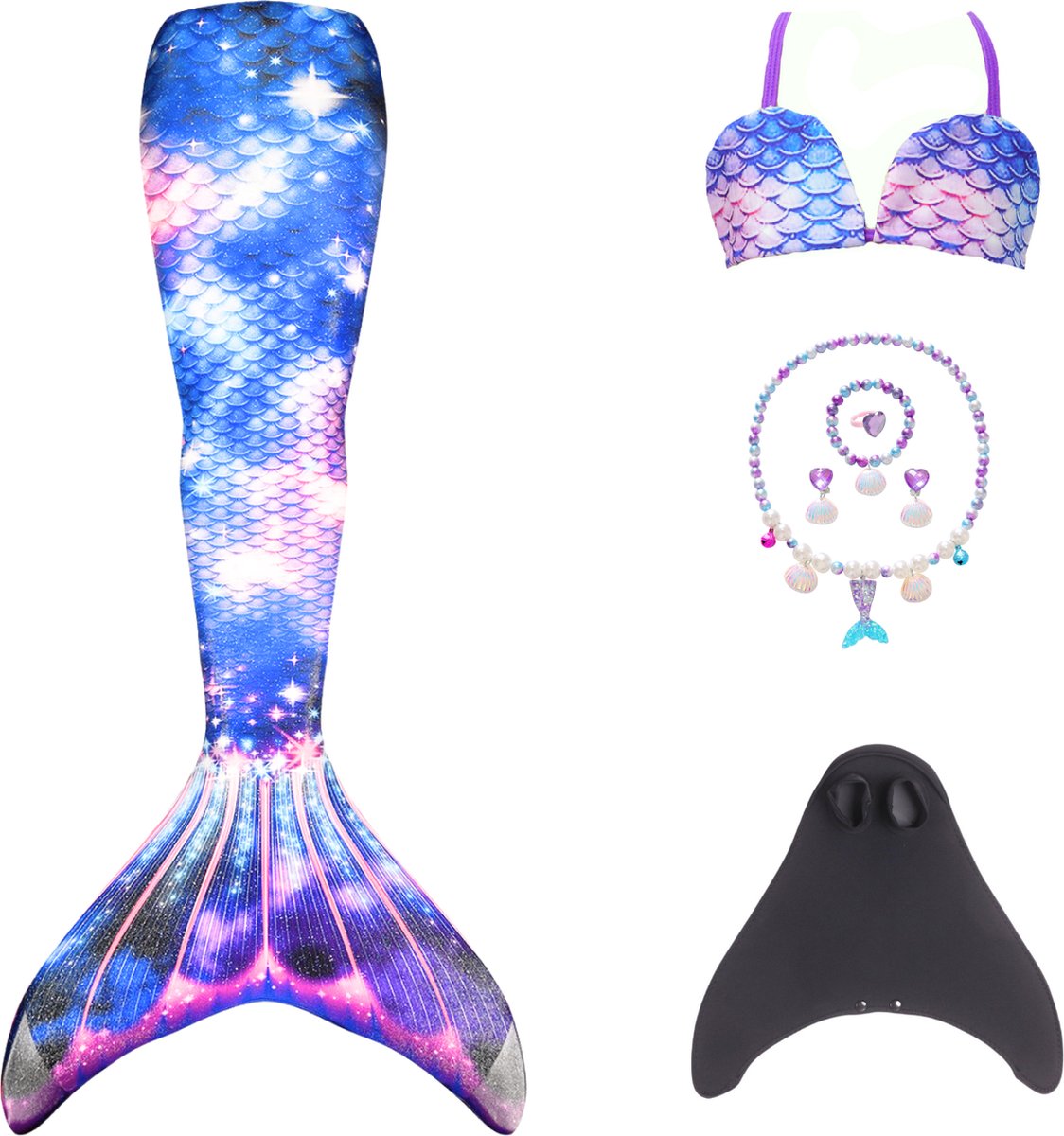 Joya Kids® Lunar Zeemeerminstaart voor Kinderen | Roze Blauw Mermaid Staart met Monovin | Verkleedkleding meisje | Inclusief Zeemeermin Ketting, oorbellen, ring en Armband | Inclusief bikini top | Maat L