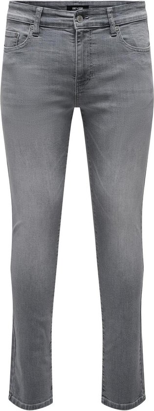 Lichtgrijze spijkerbroek met slim fit, op een witte achtergrond.