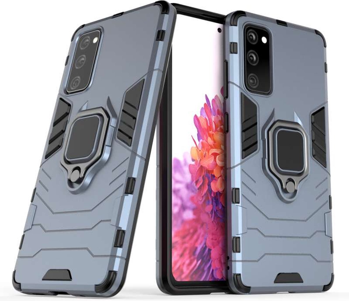 MobyDefend Hoesje - Geschikt voor Samsung Galaxy S20 FE - Dubbelgelaagde Pantsercase Met Standaard - Navy Blauw