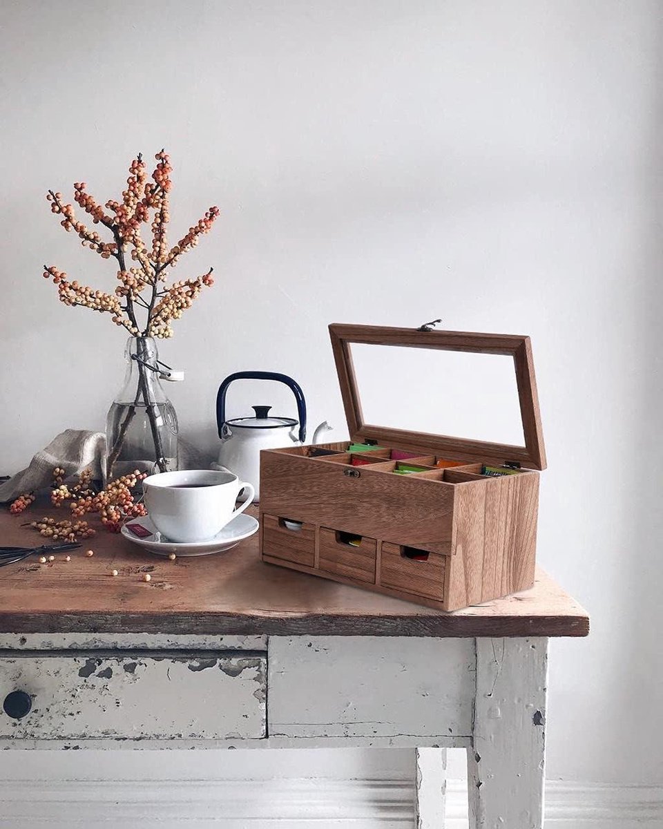 Boîte à Thé En Bois Avec 8 Compartiments, 3 Tiroirs – Organisateur