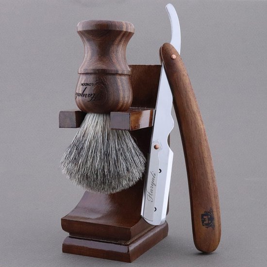 Haryali London Scheerset voor Mannen - 3-delige Houten Scheerset - Professionele Cut Throat Razor Kit - Cut Throat Razor - Scheerkwast - Houten Scheerstandaard - Duurzame Geschenkset
