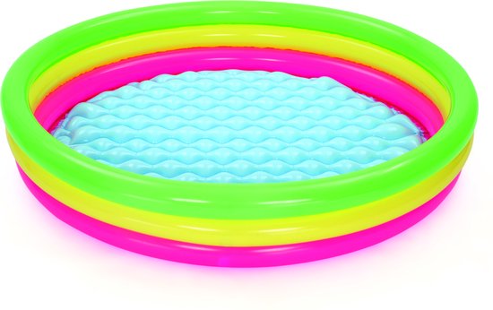 Opblaasbaar zwembad met vier ringen in groen, geel, roze en blauw en een geruit bodem
