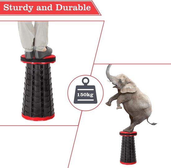 Draagbare telescopische kruk - inklapbaar van kunststof - opvouwbare zitting - voor vissen grillen kamperen - max. belasting 150 kg - rood/zwart Telescopic Stool — afbeelding 4