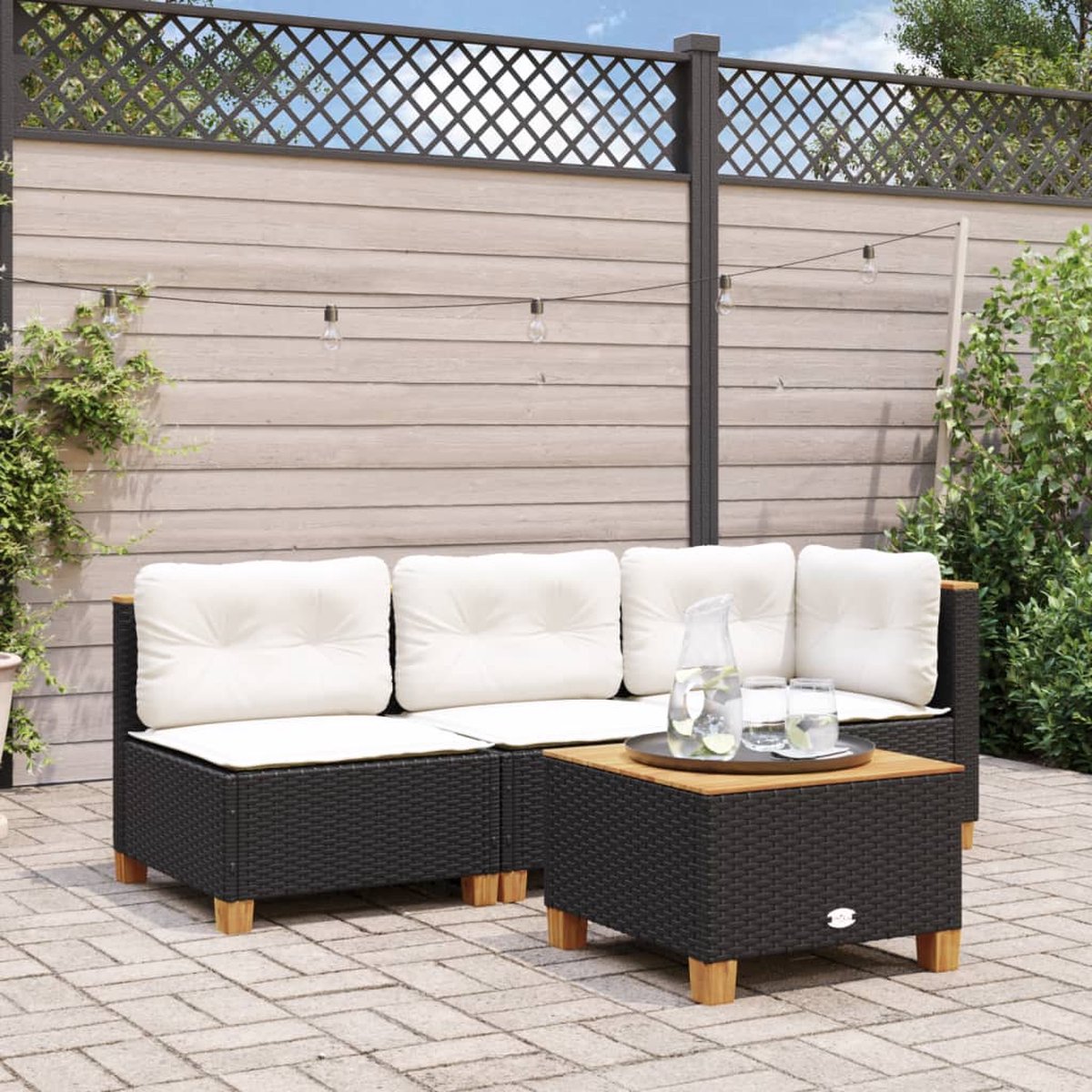 VidaXL Tuinbank zonder armleuning met kussens poly rattan zwart