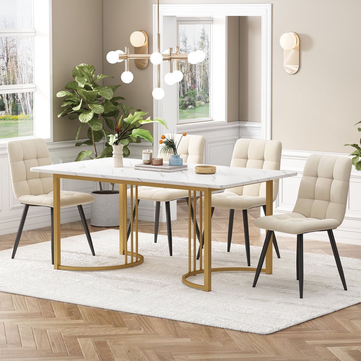 Sweiko Eettafel set (5-delige set), Eettafel set met 4-stoelen, moderne keuken eettafel set, 140 x 80cm keuken eettafel met gouden metalen poten, wit MDF tafelblad, Beige fluwelen eetkamerstoelen