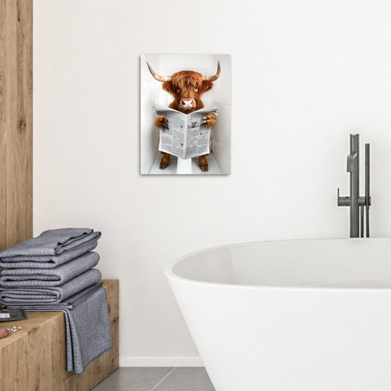 Peinture sur toile 30x40 cm - Décoration murale salle de bain Highlander écossais - Animal - Journal - Toilettes - Décoration murale murale WC - Accessoires décoratifs - Décoration murale Toilettes - Peintures sur toile