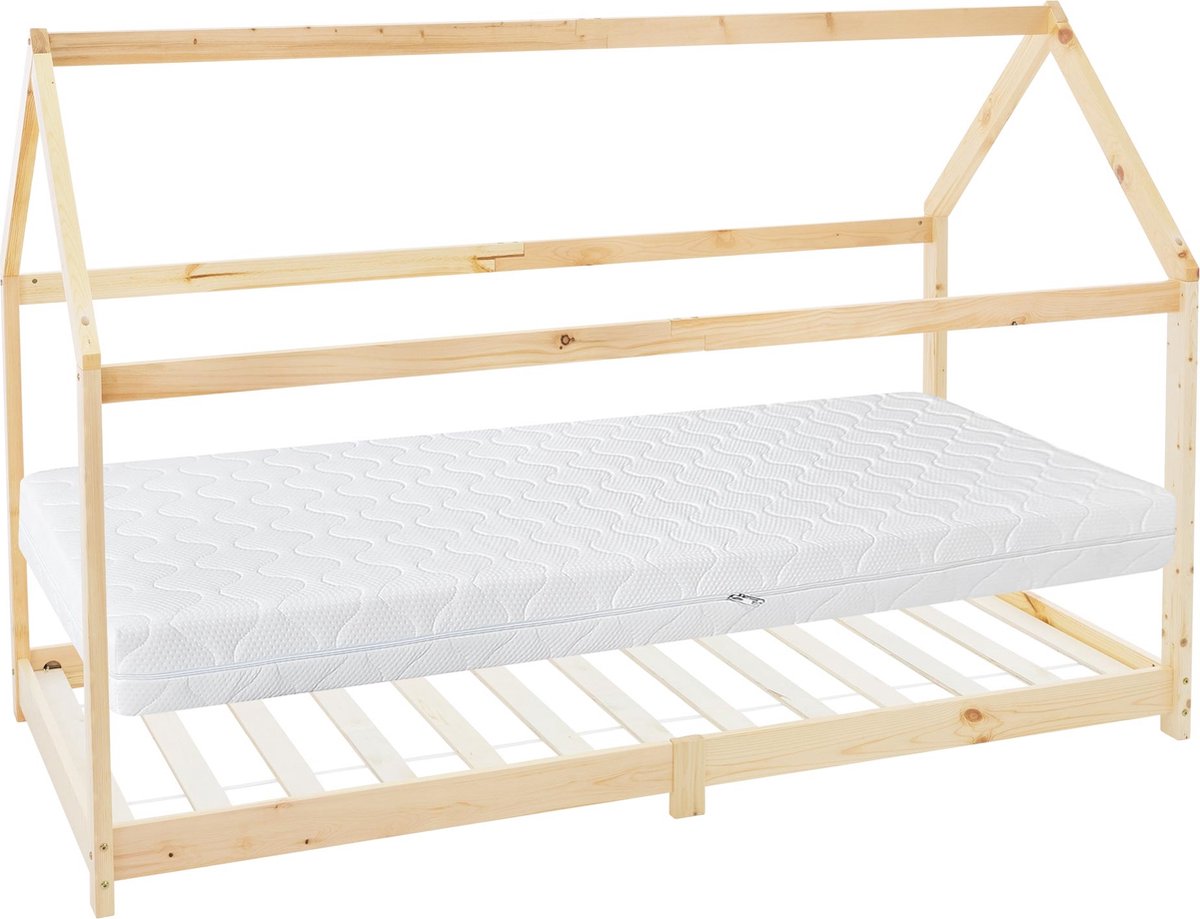 ml-design huisbed serie kinderbed 90x200 cm naturel met dak lattenbodem en koudschuim matras massief grenenhout stabiel houten speelbed voor meisjes en jongens kinderhuis junior bed met vloerbed in huis design voor kinderkamer