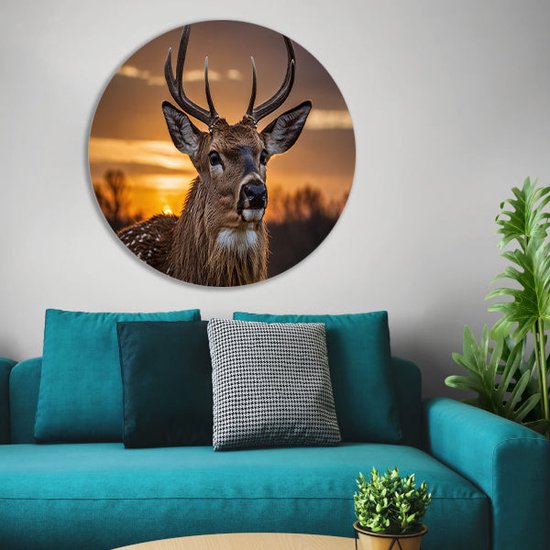 Cercle mural cerf - Plaque murale Animaux - Tableau rond Coucher de soleil - Décoration murale classique - Cercle mural - Décoration chambre cercle mural forex 60x60 cm