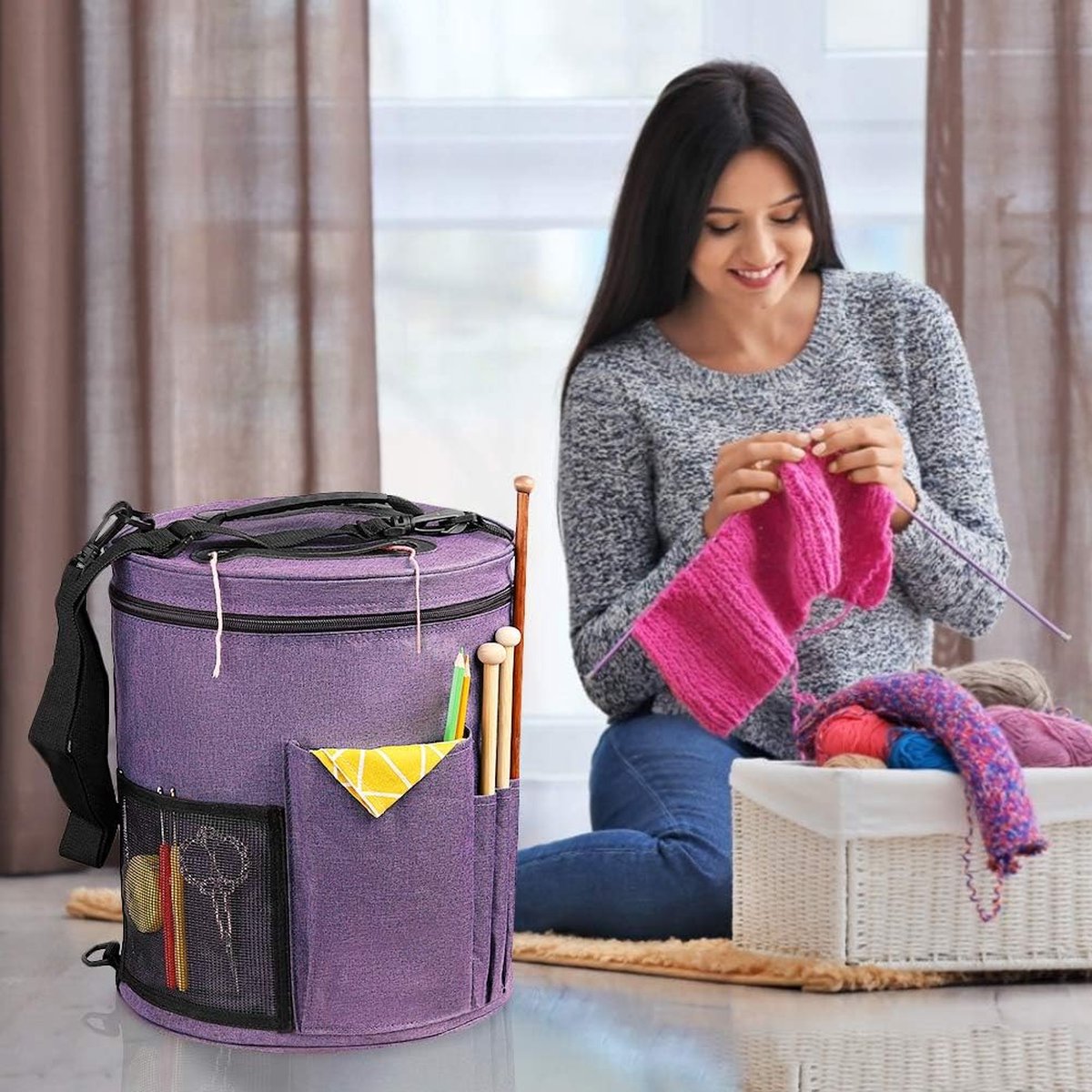 Breitas garenorganizer draagtas draagbare opbergtas voor garen draagprojecten breinaalden haaknaalden handleidingen en andere accessoires (paars)