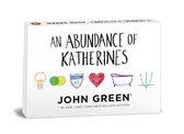 Boek "An Abundance of Katherines" door John Green met illustraties van een gloeilamp, overlappende cirkels, een schild met '65', een hart, een badkuip en een parabool.