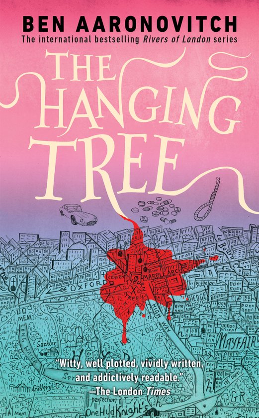 Boekomslag van "The Hanging Tree" met de titel in grote, roomkleurige letters tegen een roze en paarse achtergrond. Een getekende plattegrond van Londen met een rode bloedvlek.