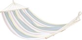 Hangmat met spreidstok in pastelkleurige banen, wit, geel, groen en roze.
