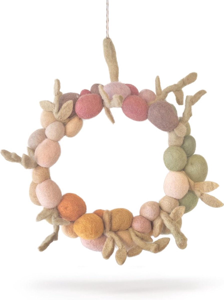 Pastelkleurige paaskrans, handgemaakt, deurkrans met paaseieren van vilt, fairtrade, krans met eieren om op te hangen als paasdecoratie, diameter 26 cm